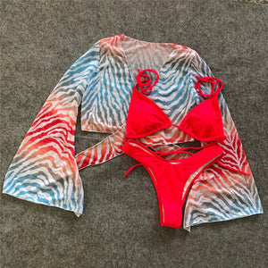 Tie-dye print 3 piece swimsuit Long sleeve swimwear