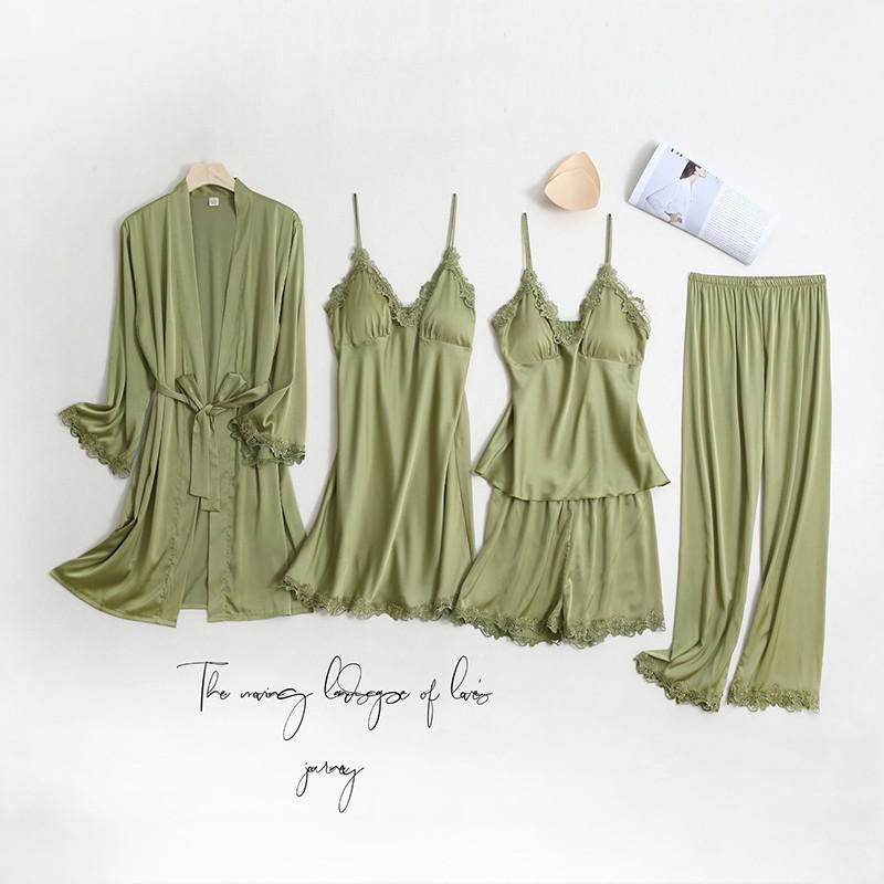 2021 New Gray 5PC Faux Silk Pajama Sets Lady Bathrobe Bow Lace Trim Sweet Night Dress Spring Autumn Sleepwear Sexy V-Neck Pyjama