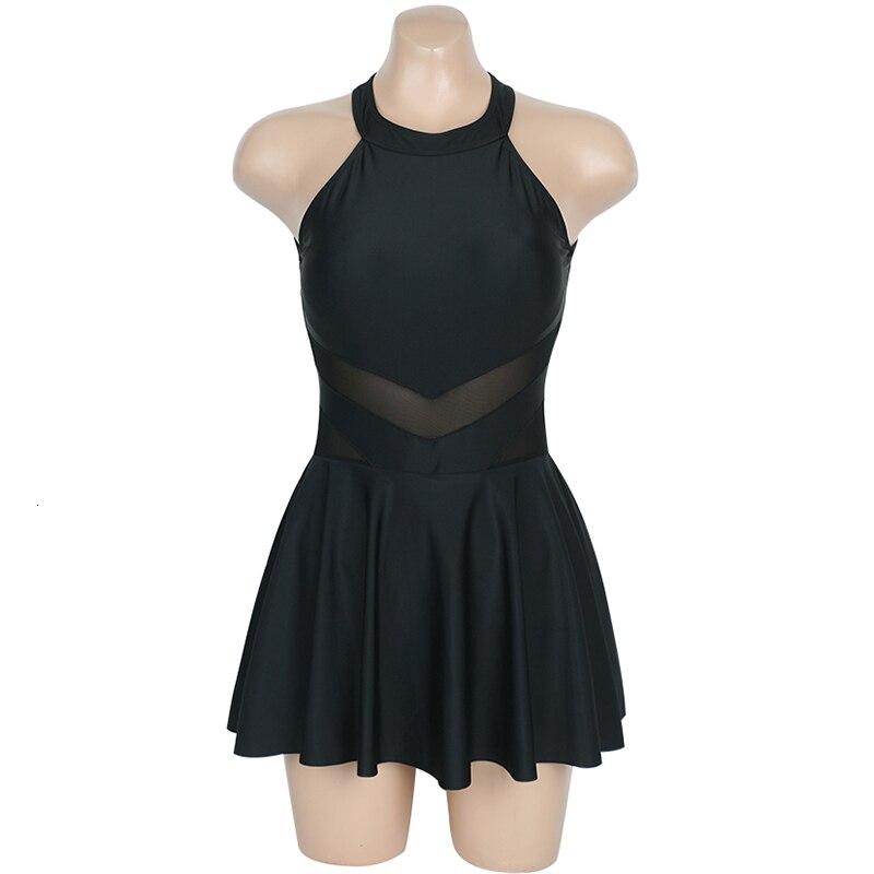 Black High Neck One-piece Swimwear Female Skirt Bathing Suit Padded Push Up Slimming Korean Swim dress Black / L Black High Neck One-piece Swimwear Female Skirt Bathing Suit Padded Push Up Slimming Korean Swim dress Black / L