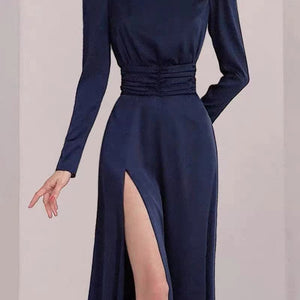 Solid Color O Neck Sexy Backless Bow Split Long Dress