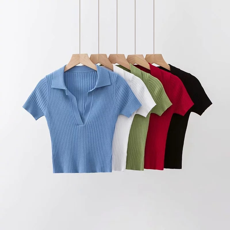 2020 Vintage polo shirt sexy crop sweater women pullover korean kawaii female short sleeve knitted cropped sweaters streetwear