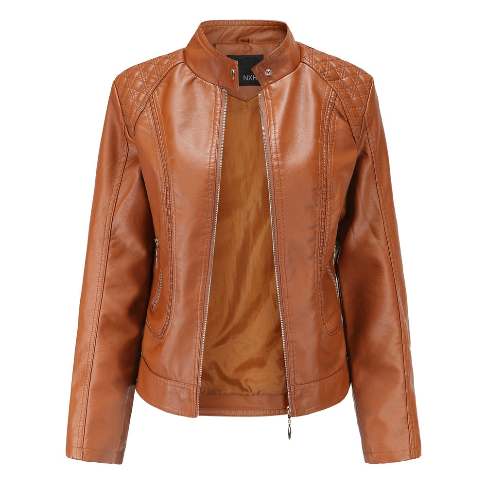 2021 Leather Jacket Women Zippers Spring Autumn Women&#39;s PU Leather Jacket Mandarin Collar Red Motor Biker Coat Female Oversized
