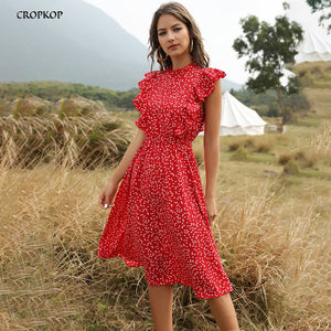 Chiffon Dress Women Elegant Summer Floral Print Ruffle A-line Sundress Casual Fitted Clothes To Knees 2020 Red Dresses For Women