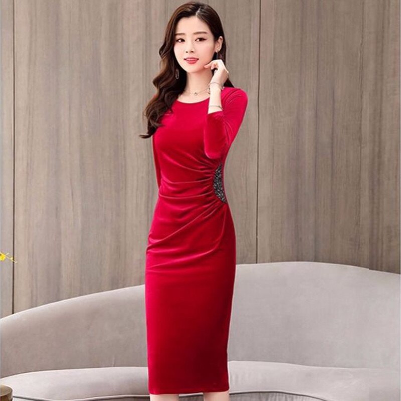 Lady Sexy Skinny Velvet Package Hip Dress Sequined Glitter Plus Size 3Xl Slim Long Sleeve Midi Bodycon Women Casual Party Dress