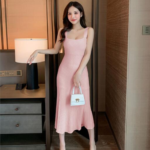 White Knitting Dress Summer 2021 Office Lady Elegant Spaghetti Strap Backless Long Dresses For Women Black Pink In Stock
