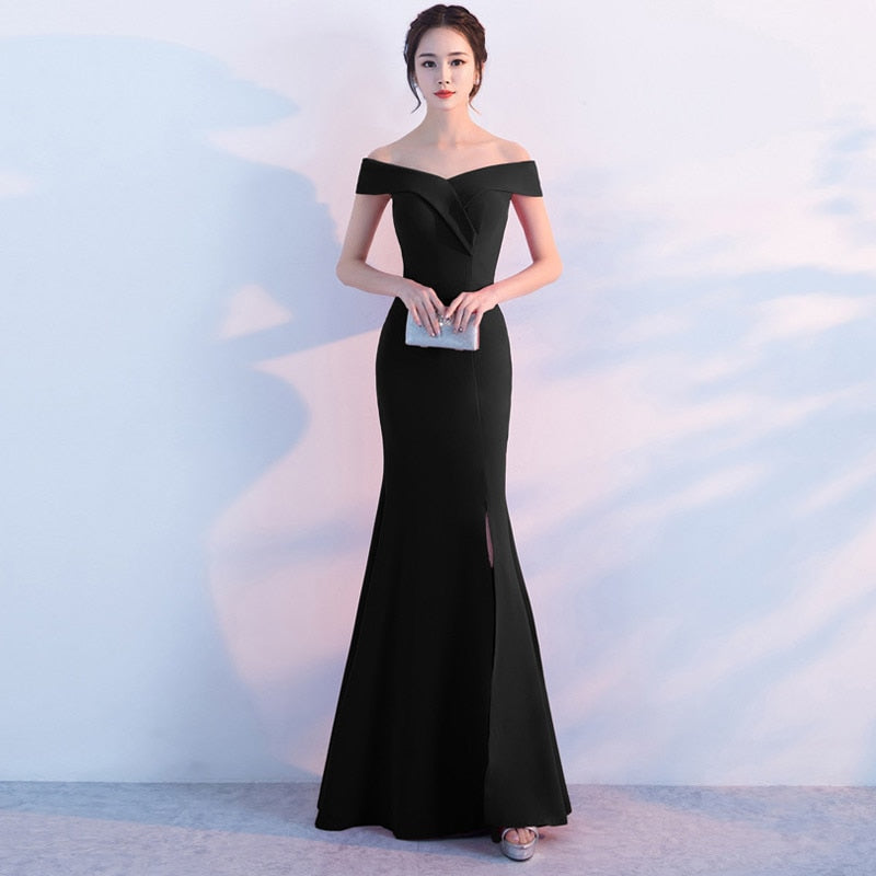 Long Mermaid Evening Dress Elegant 2022 Women Satin Off Shoulder Formal Party Gowns Vestidos Elegantes High Split Sleeveless