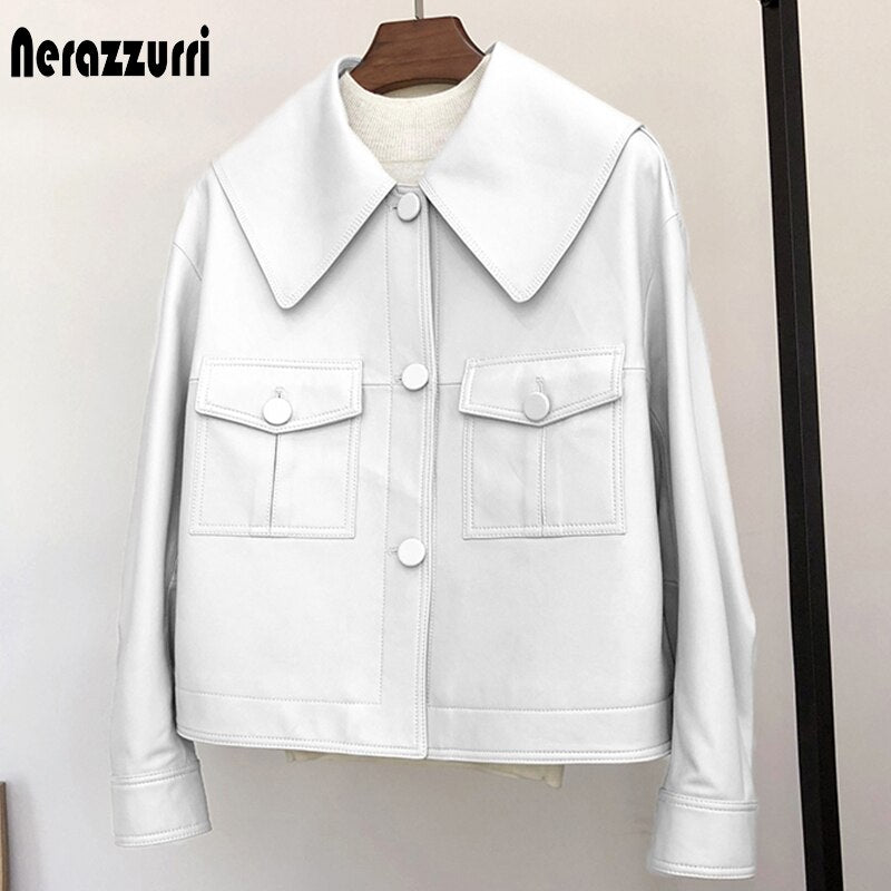 Nerazzurri Spring short light white leather jacket for women peter pan collar long sleeve Casual leather jackets for women 2021