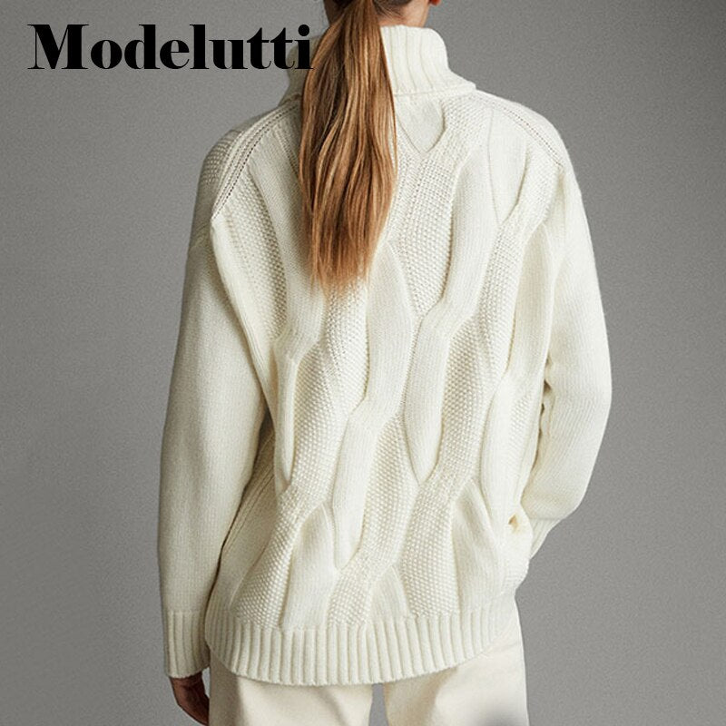 Modelutti Women England Office Lady Fashion Vintage Twisted flower Loose Turtleneck Sweaters Female Pullovers Tops Jumper