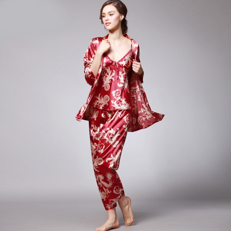 Women Silk Sexy Summer Lingerie Pijiama Satin Dragon Long Sleeve Pajamas Gown Korean Three Piece Pajama Sets Navy Sleepwear
