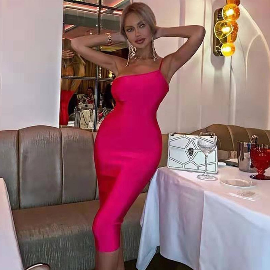 Pink Woman Bandage Dress Women Sleeveless One-Shoulder Backless Mid Calf Sexy Club Celebrity Evening Party Bodycon Dress Vestido