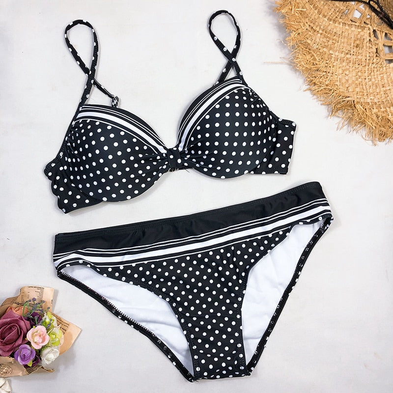 Black  Swimming Suit For Women Dot Polka Swimsuit Padded Push-up Bikini Set