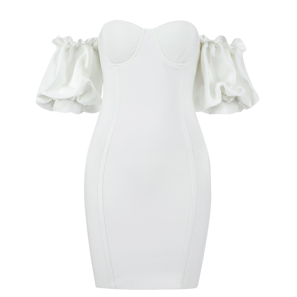 skin tight white off the shoulder bandage dress White Bandage Off Shoulder Midi Dress Rare London