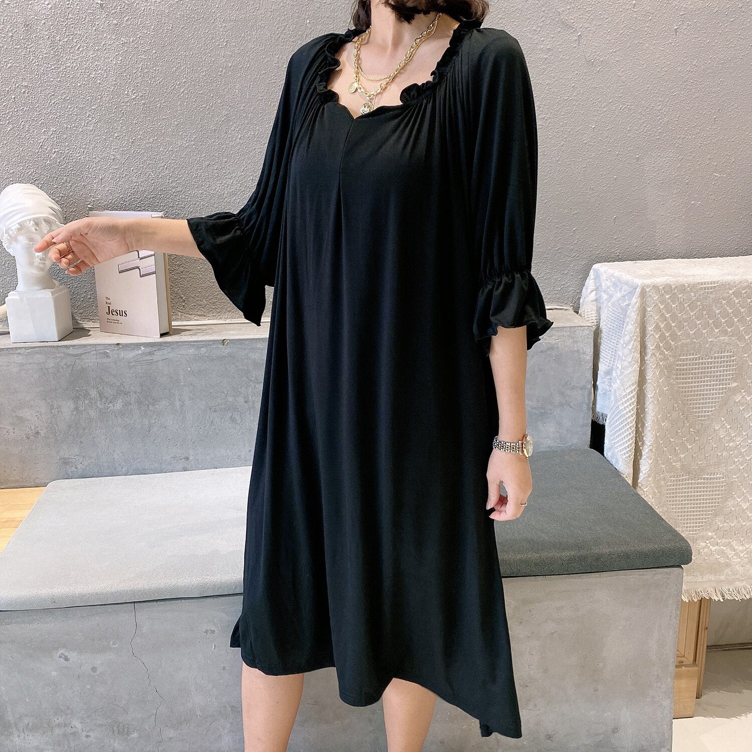 Plus size night shirt women nightgown modal loose nightdress women's nightwear dress v-neck casual home clothes outside wear Plu