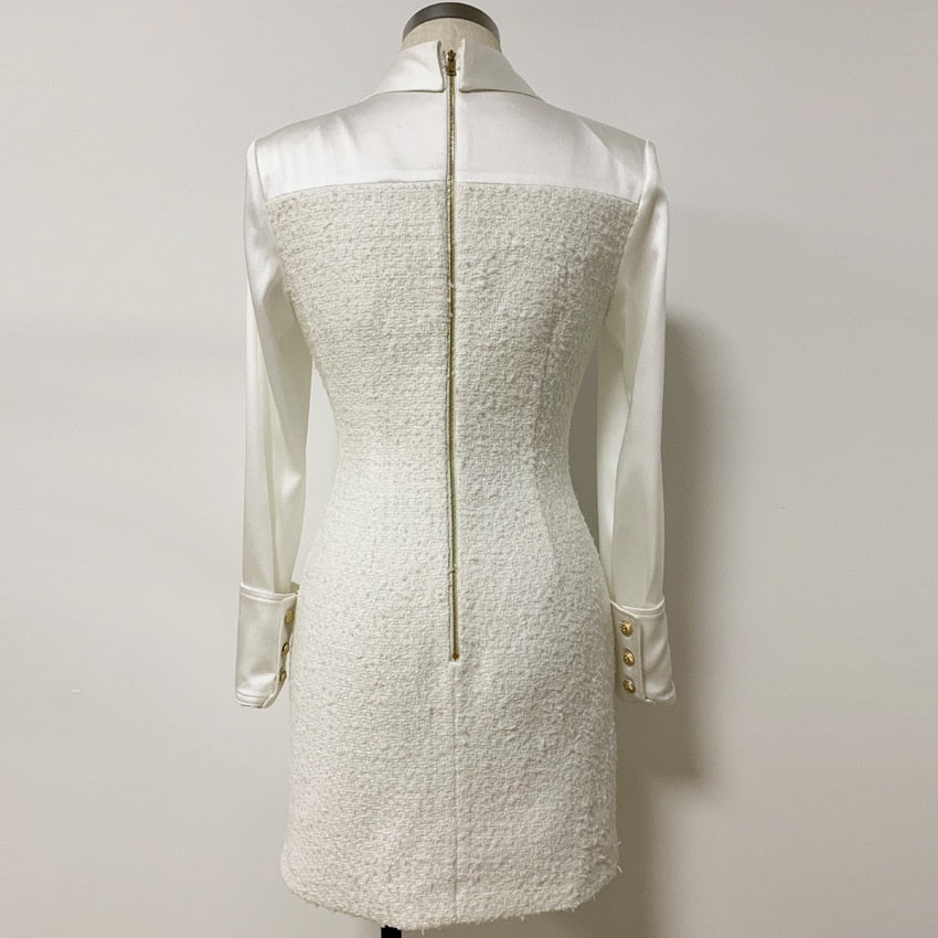 Women's Long Sleeve Career Satin Patchwork Tweed Dress