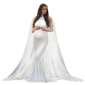 Sleeveless Jersey Baby Shower Long Dress With Tulle Cape Pregnant Woman Dress For Photo Shoot Maternity Photography Mermaid Gown