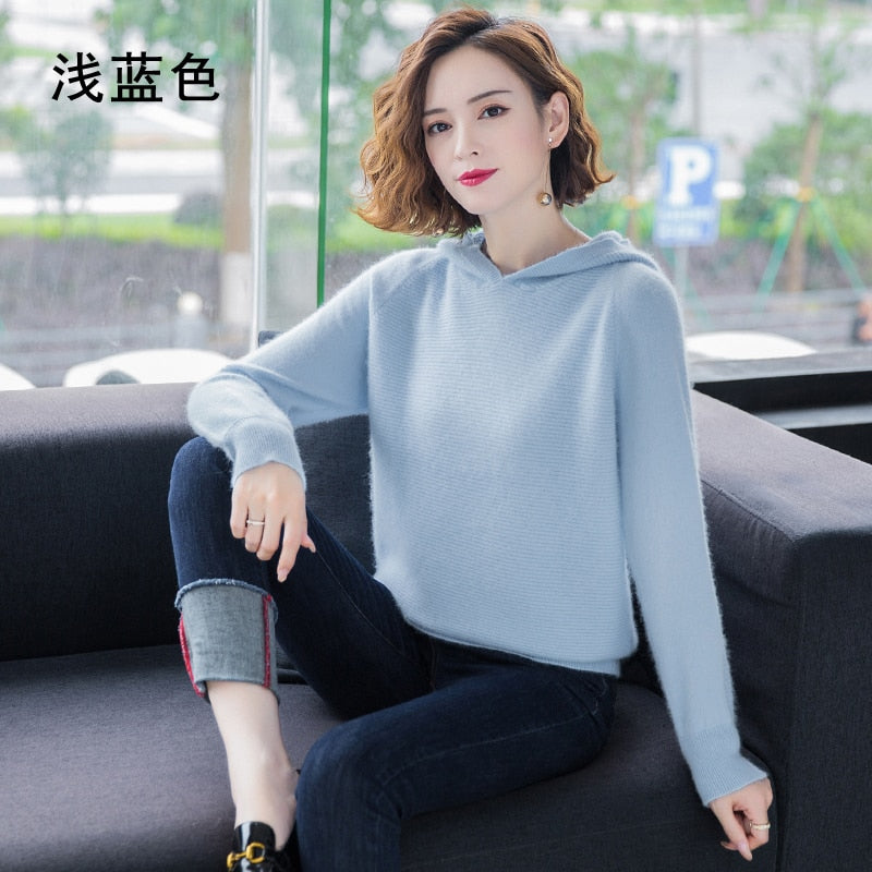 New mink sweater women&#39;s pure color knitted pullover full sleeves hooded cashmere sweater fashion all-match Home style multicolo