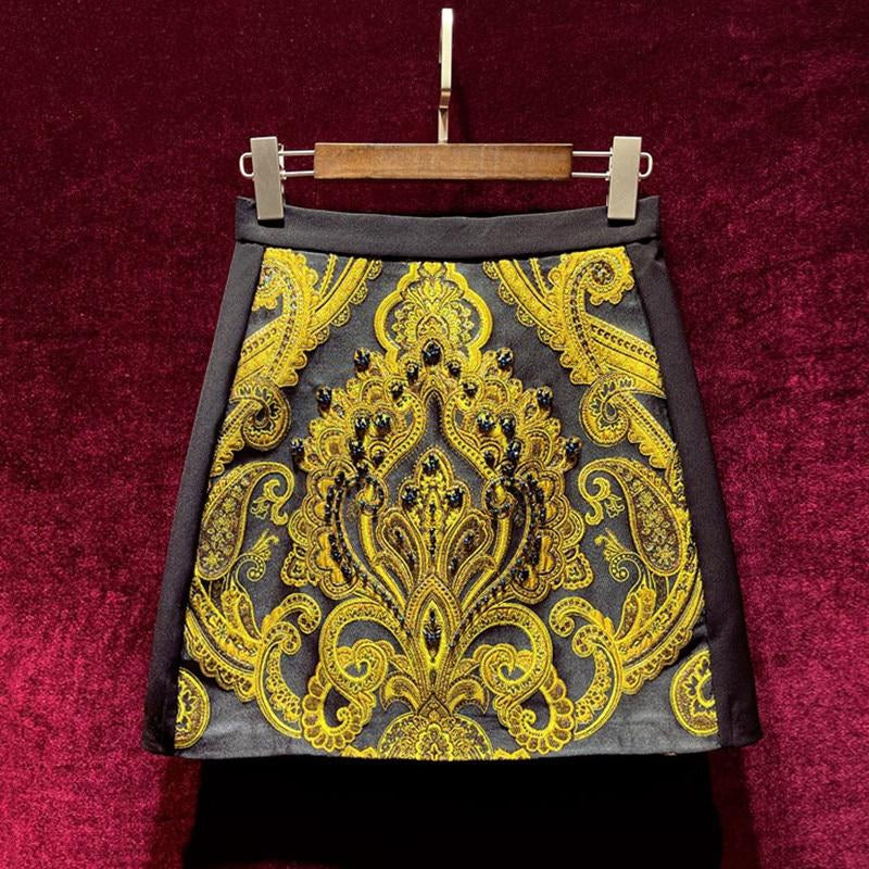Women's Fashion Beaded Golden Jacquard A Line Skirt