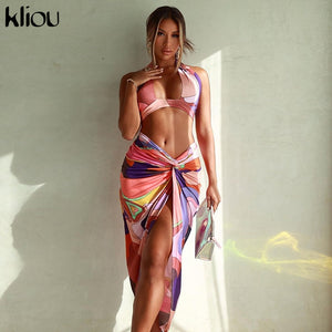 Kliou Printed Halter Top And Side Slit Skirt Sets Sexy Midnight Club Two Piece Outfits For Women Bandage Party Wear Matching Set