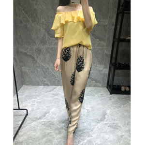 Hong Kong flavor satin silk printed straight pants female temperament trousers loose pants high waist