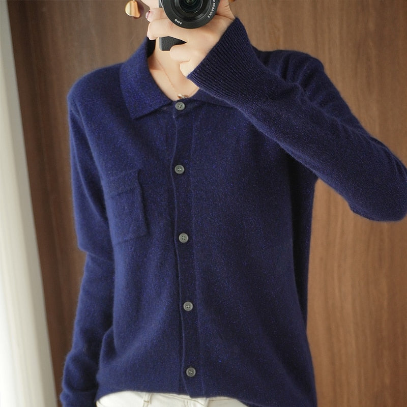 Pure Wool Knitted POLO Collar Cardigan