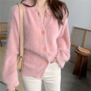 Pink Button Knitted Korean Loose Knitwear Tops