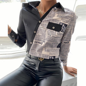 Spring Letter Print Long Sleeve Buttoned Up Blouse
