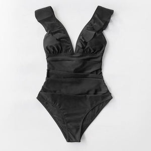 Solid Black Ruffled One-piece Swimsuit Women Sexy Lace up Monokini Swimwear