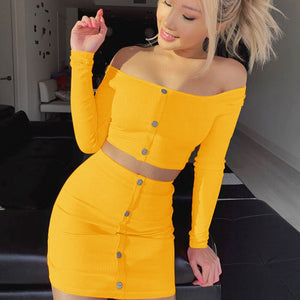 Oufisun 2020 Autumn Winter Sexy Off Shoulder Two Piece Set Solid Button Bodycon Set Women Long Sleeve Tops Skirt Two Piece Sets
