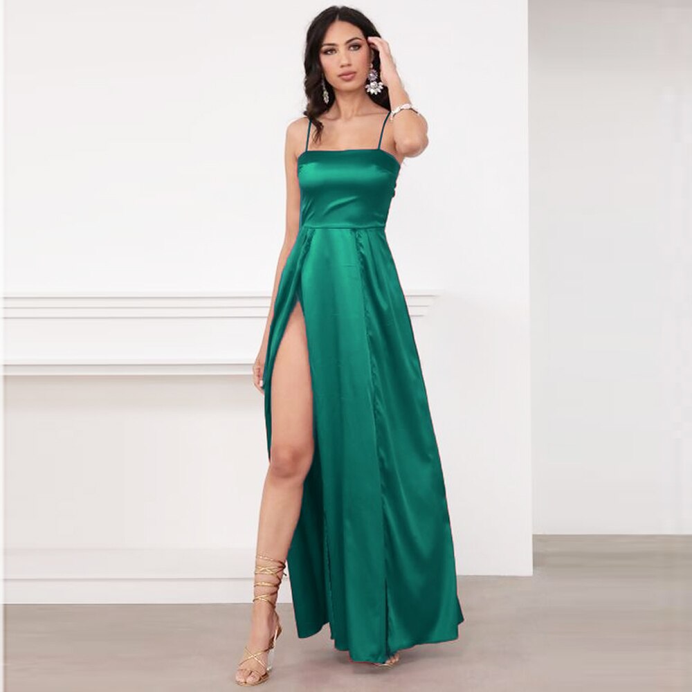 Sexy Summer Long Satin Dress BOW Straps Lace Up Dress 2 Slits Green Bl Global Fashions GC Sexy Summer Long Satin Dress BOW Straps Lace Up Dress 2 Slits Green Bl Global Fashions GC