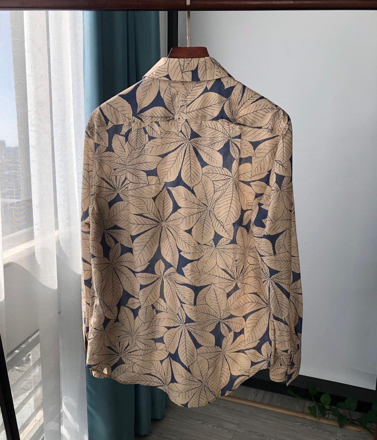 Leaf Printed Silk Cotton Long-Sleeved Shirt Blouse