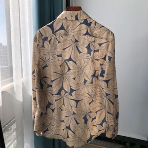 Leaf Printed Silk Cotton Long-Sleeved Shirt Blouse