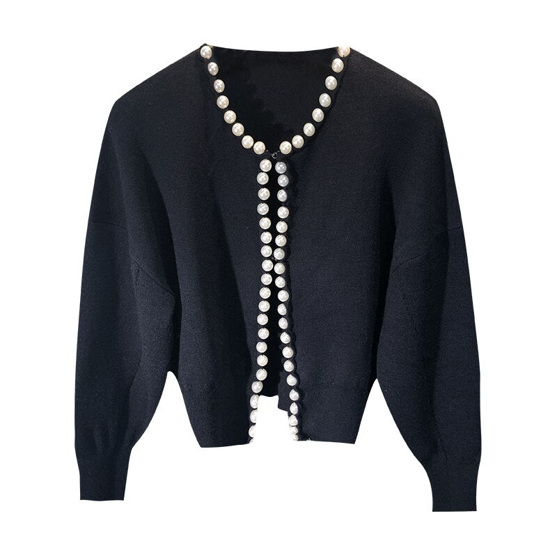 V Neck Pearl Bat Sleeve Knitted Sweater