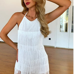 Pofash Solid White Tassel Backless Playsuits Tie Halter Sexy Sleeveless Summer Club Party Rompers Slim Bodycon Jumpsuits 2020