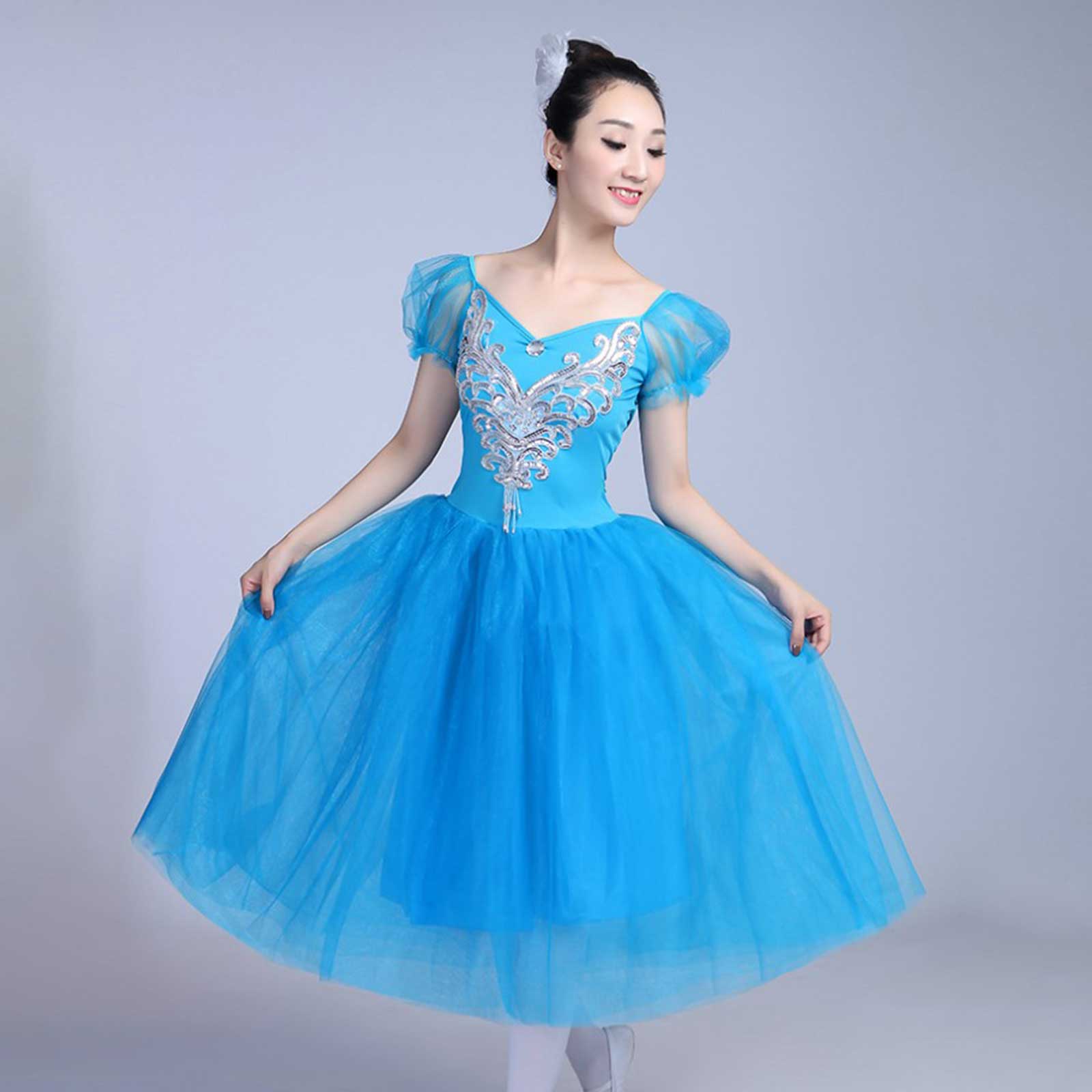 Women Long Tulle Pink/Blue/White Tutu Ballet Dress Adult Puff Sleeves Romantic Stage Performance Ballroom Party Dance Costume Pink / XL Women Long Tulle Pink/Blue/White Tutu Ballet Dress Adult Puff Sleeves Romantic Stage Performance Ballroom Party Dance Costume Pink / XL