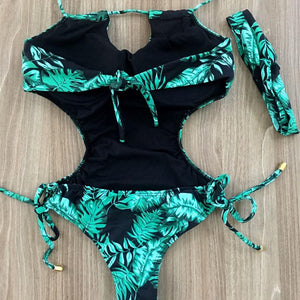 Green leaf print Cut Out One-Piece Swimsuit Sexy Backless String Adjust Bathing Suit