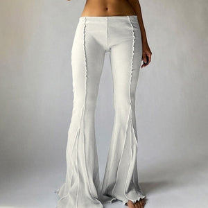 Solid Low Waist Ribbed Flare Pants Women Summer Slim Elegant Casual Elastic Trousers Female Fashion All-Match Streetwear