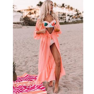 Pink Chiffon Tunic Long Kimono See Through Bikini Cover-ups
