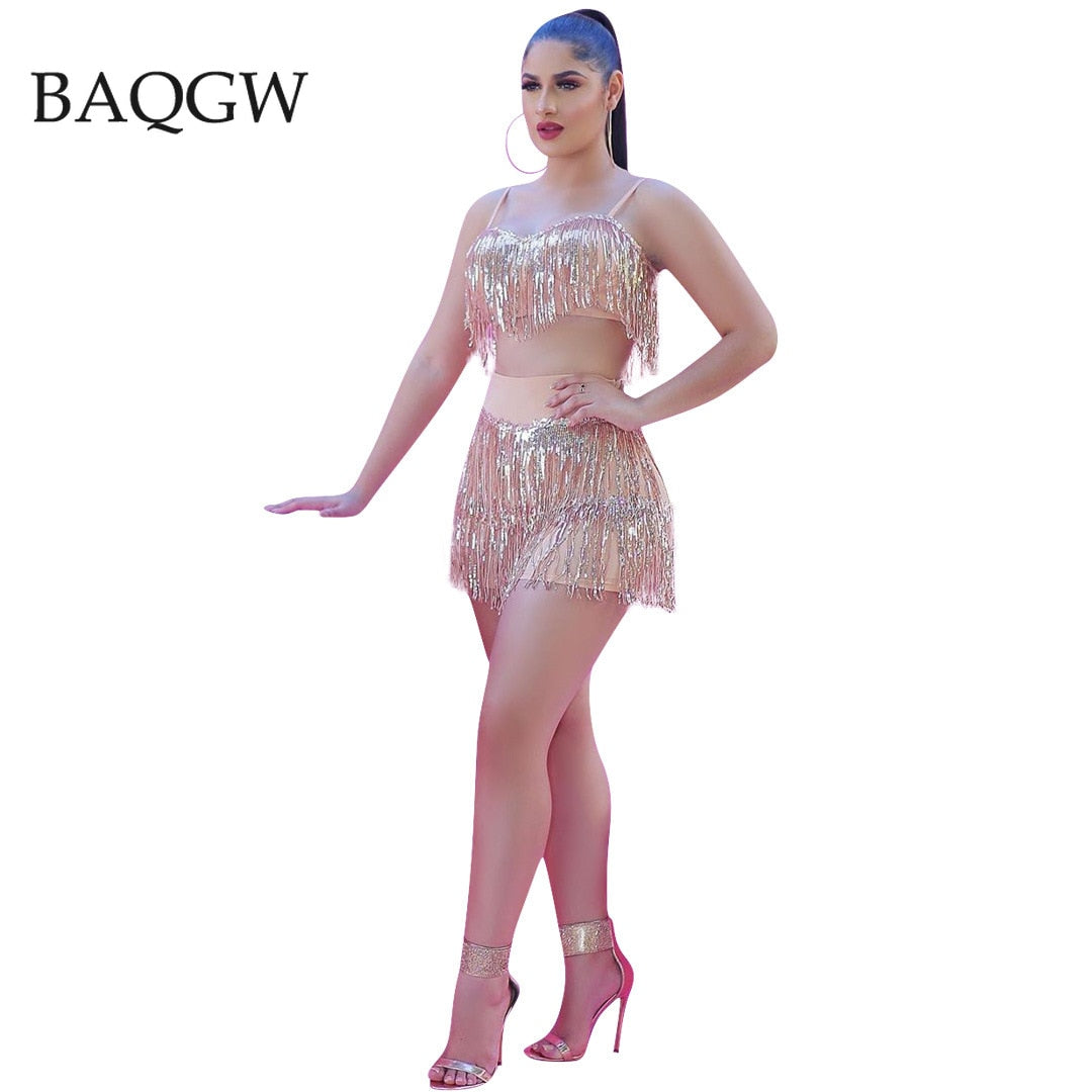 Sequined Tassel Two Piece Set Women Dance Clothing Spaghetti Strap Crop Tops and Shorts Sets Sexy Shining Party Club Outfits