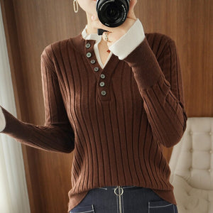 V-neck Pure Color Knitted Slim Sleeve Sweater