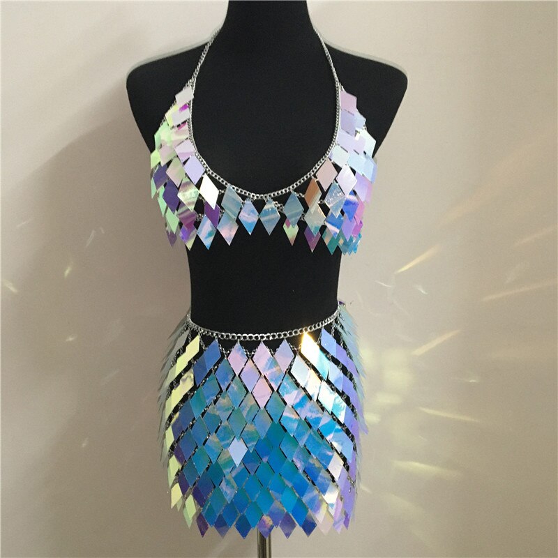 Rhombic Sequins Lady Outfits Halter V-Neck Backless Camis Sexy Hollow Out Mini Skirt Summer Fashion Rave Festival Body Chain Set