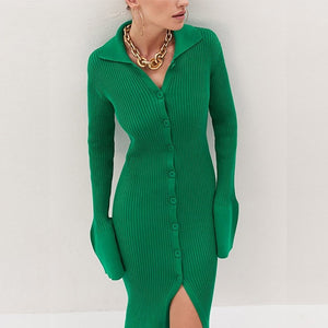 Women Maxi Knitted Sweater Dress Fashion Lady Elegant Turn Down Collar Midi Split Slim Long Sleeve Bodycon Long Dresses Clothing