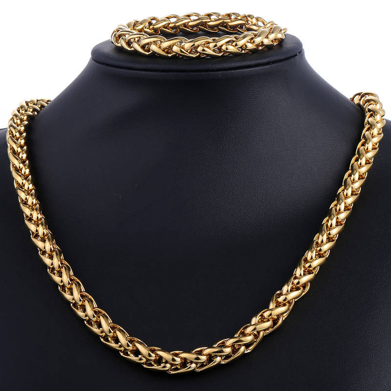 9.5mm Gold-color Wheat Braided Link Stainless Steel Necklace Bracelet