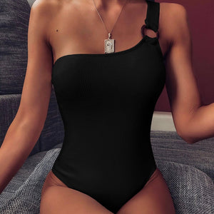 Black One Piece  Padded Ring Sexy Swimsuit Female One Shoulder Swimwear Women Bathing Suit