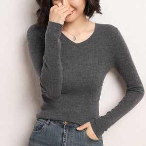 V-neck Long Sleeve Cashmere Merino Wool Sweater
