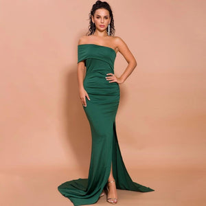 Sexy Off Shoulder High Split Elegant Female Solid Color Maxi Dress