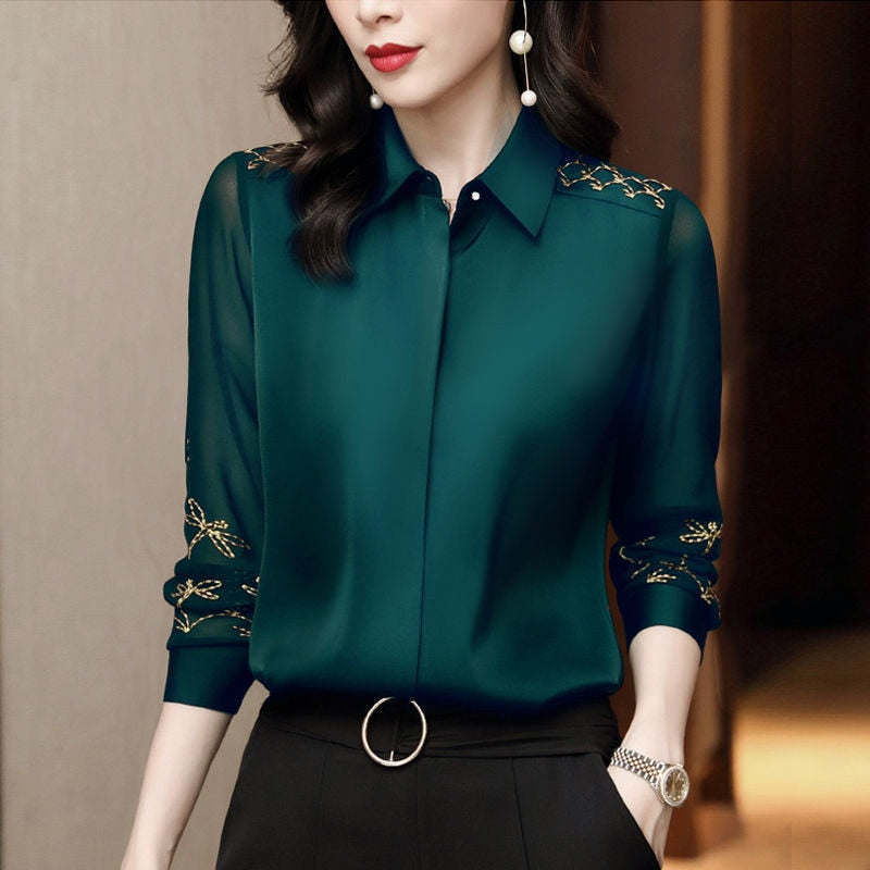 Chiffon Embroidery Long Sleeve Turn-down Collar Lace Blouse