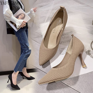 Fashion Black High Heels 2021 New Shallow Mouth Women&#39;s Shoes Professional Work Shoes Pointed Toe Stiletto Knitted Single Shoes