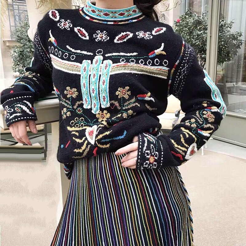 Vintage Embroidery Loose Knitted Pullovers Tops