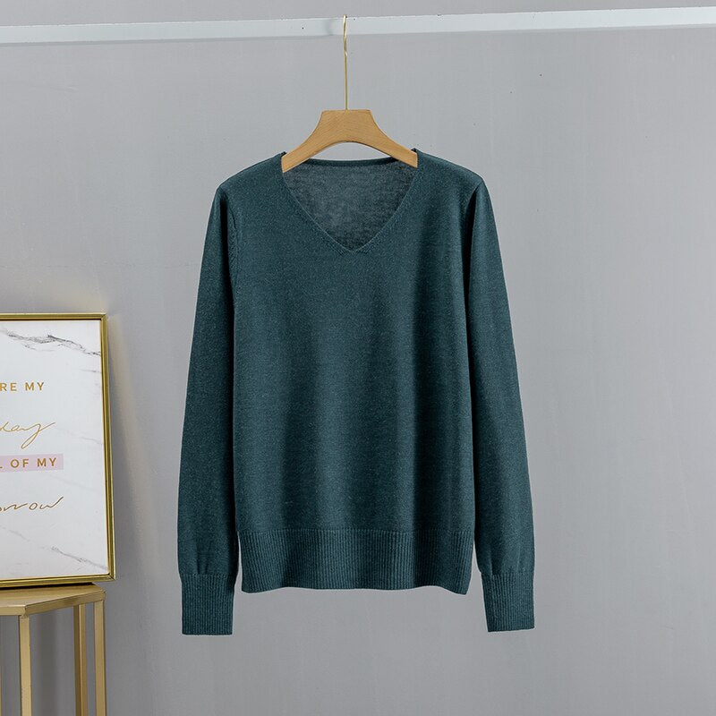 Candy Color Womens Sweaters Autumn Winter V Neck Woman Pullover Sweaters Long Sleeve Female Jumpers Top Pull Femme