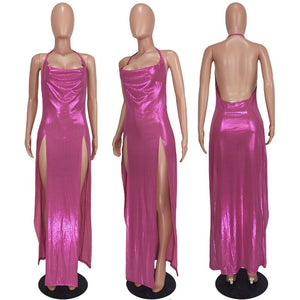 Adogirl Shiny Women Sexy Maxi Night Club Party Dress Deep V Neck Spaghetti Straps Sleeveless Backless High Splity Long Robe